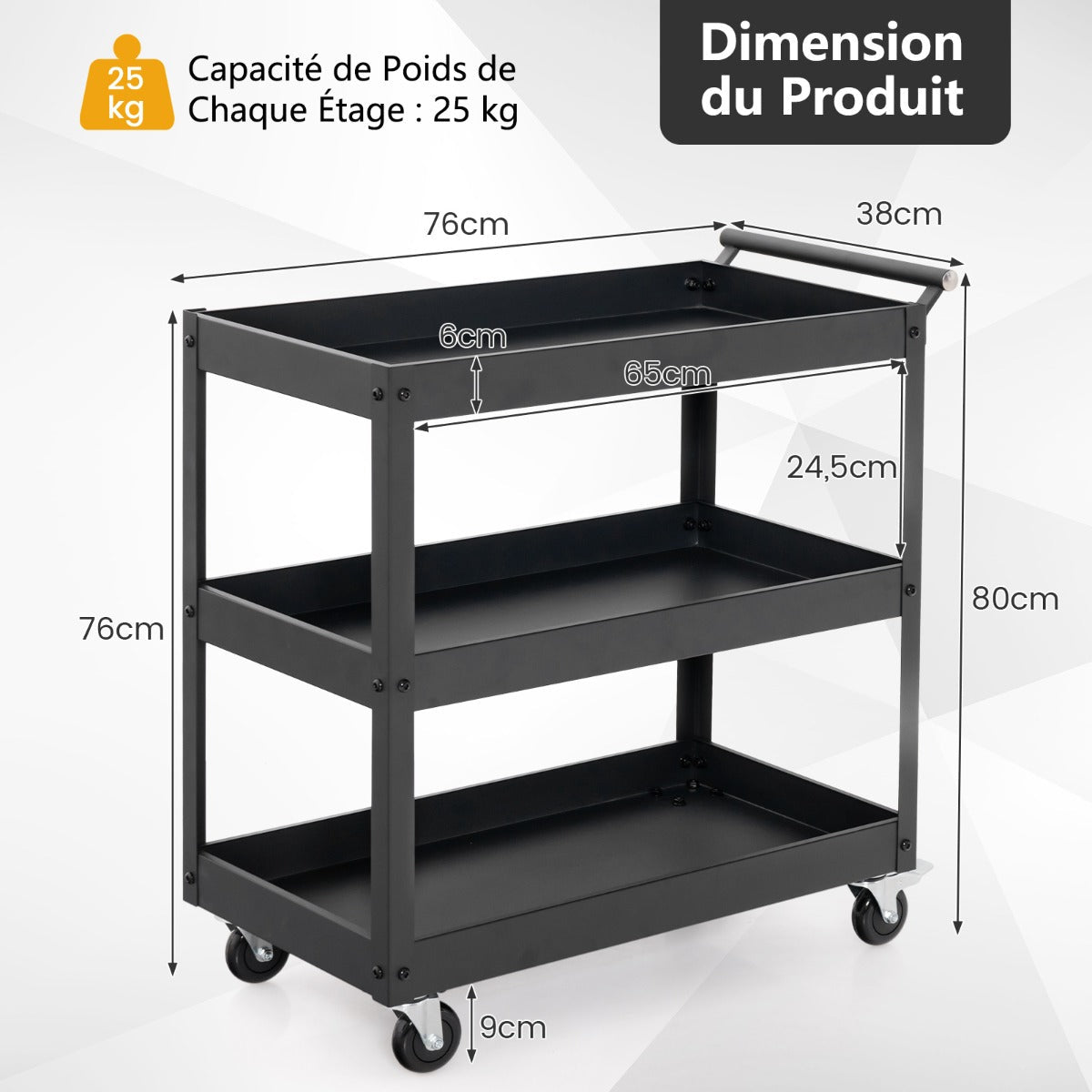 3 Shelf Rolling Metal Utility Cart with Ergonomic Handle-Black