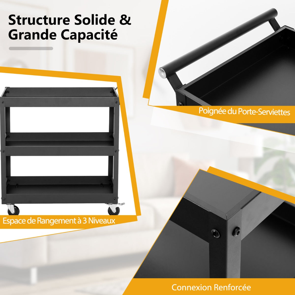 3 Shelf Rolling Metal Utility Cart with Ergonomic Handle-Black