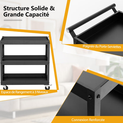 3 Shelf Rolling Metal Utility Cart with Ergonomic Handle-Black