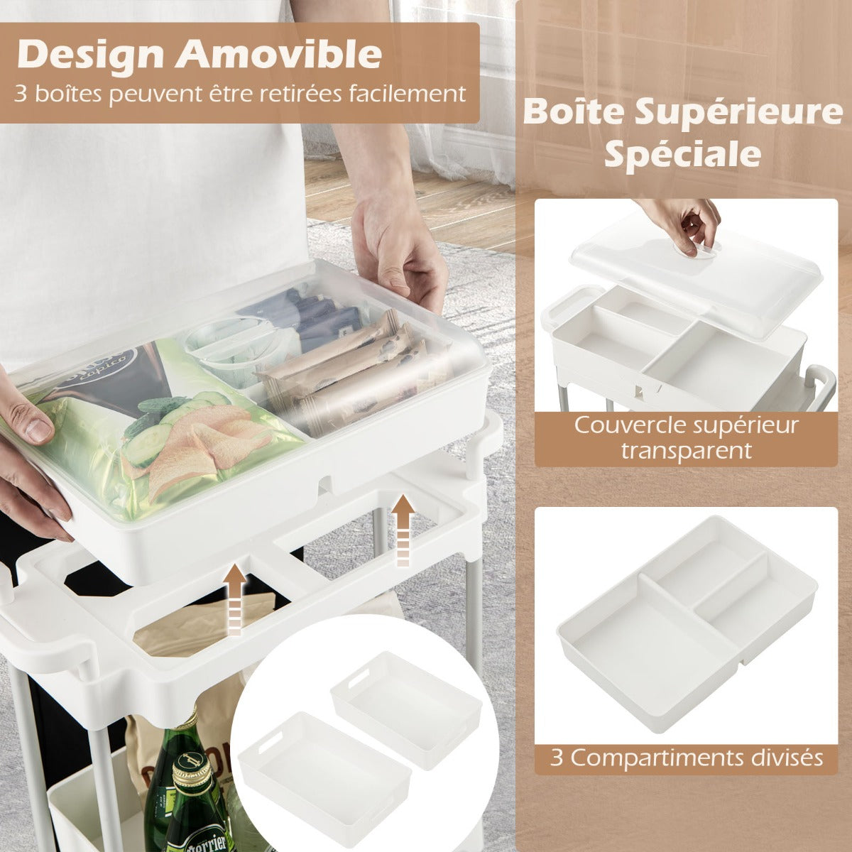 3-Tier Rolling Utility Cart Storage Trolley with Removable Cover and Shelves-White