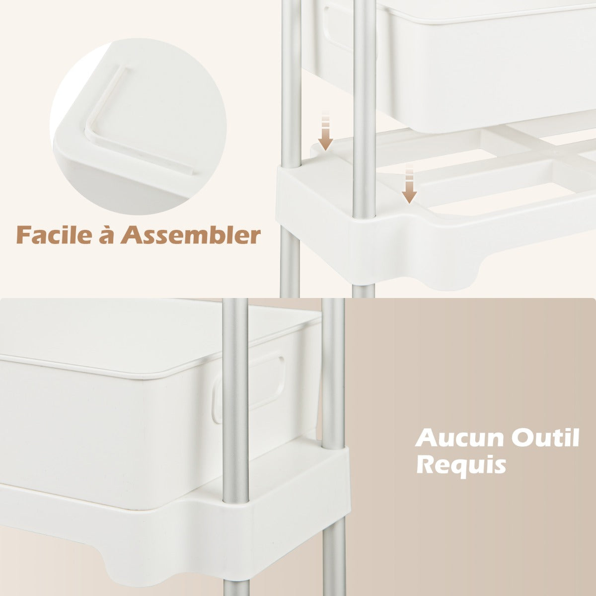 3-Tier Rolling Utility Cart Storage Trolley with Removable Cover and Shelves-White