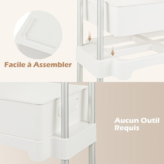 3-Tier Rolling Utility Cart Storage Trolley with Removable Cover and Shelves-White