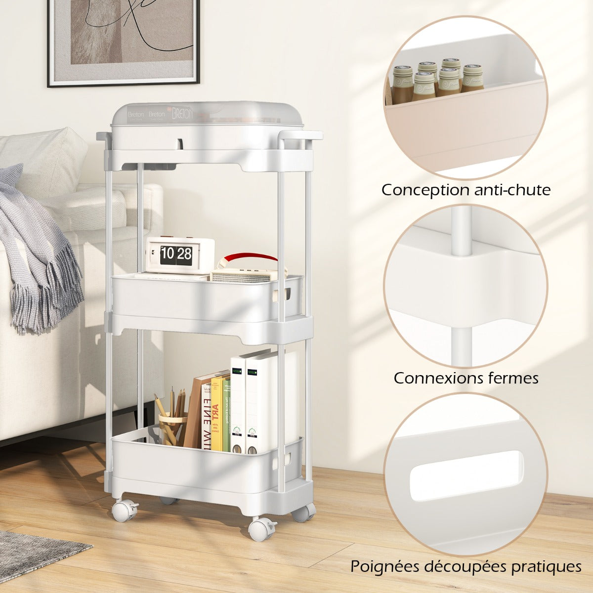 3-Tier Rolling Utility Cart Storage Trolley with Removable Cover and Shelves-White