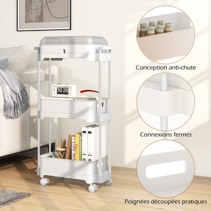 3-Tier Rolling Utility Cart Storage Trolley with Removable Cover and Shelves-White