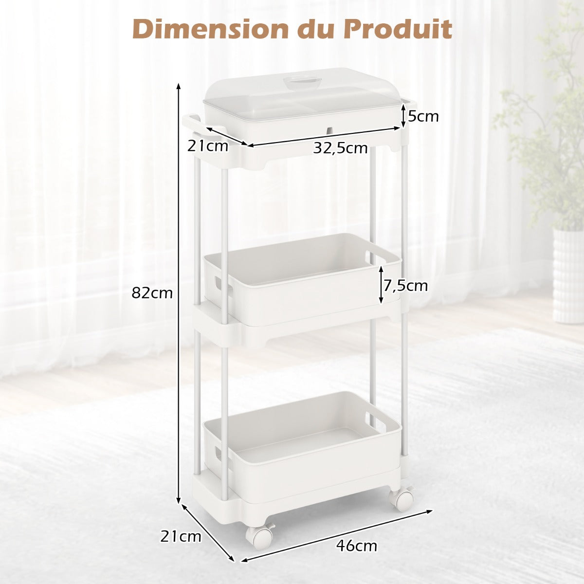 3-Tier Rolling Utility Cart Storage Trolley with Removable Cover and Shelves-White