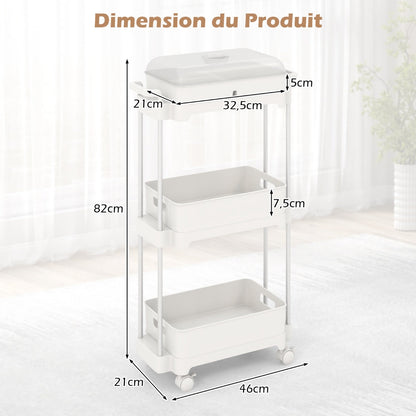 3-Tier Rolling Utility Cart Storage Trolley with Removable Cover and Shelves-White
