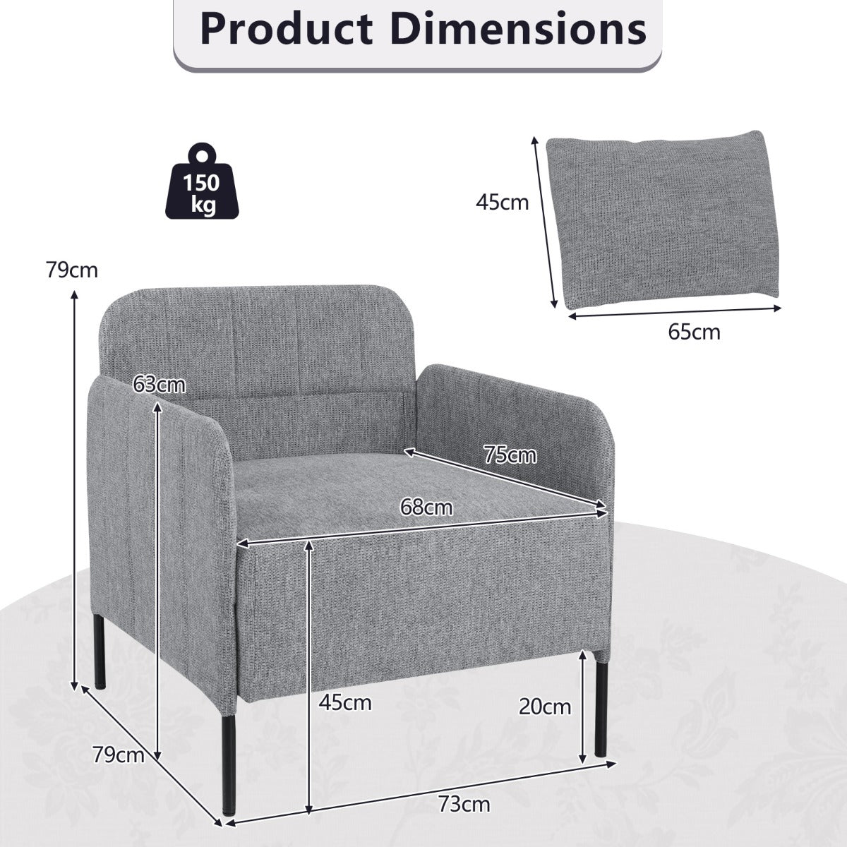 Chenille Single Seat Sofa with Cushion and Adjustable Foot Pads-Grey