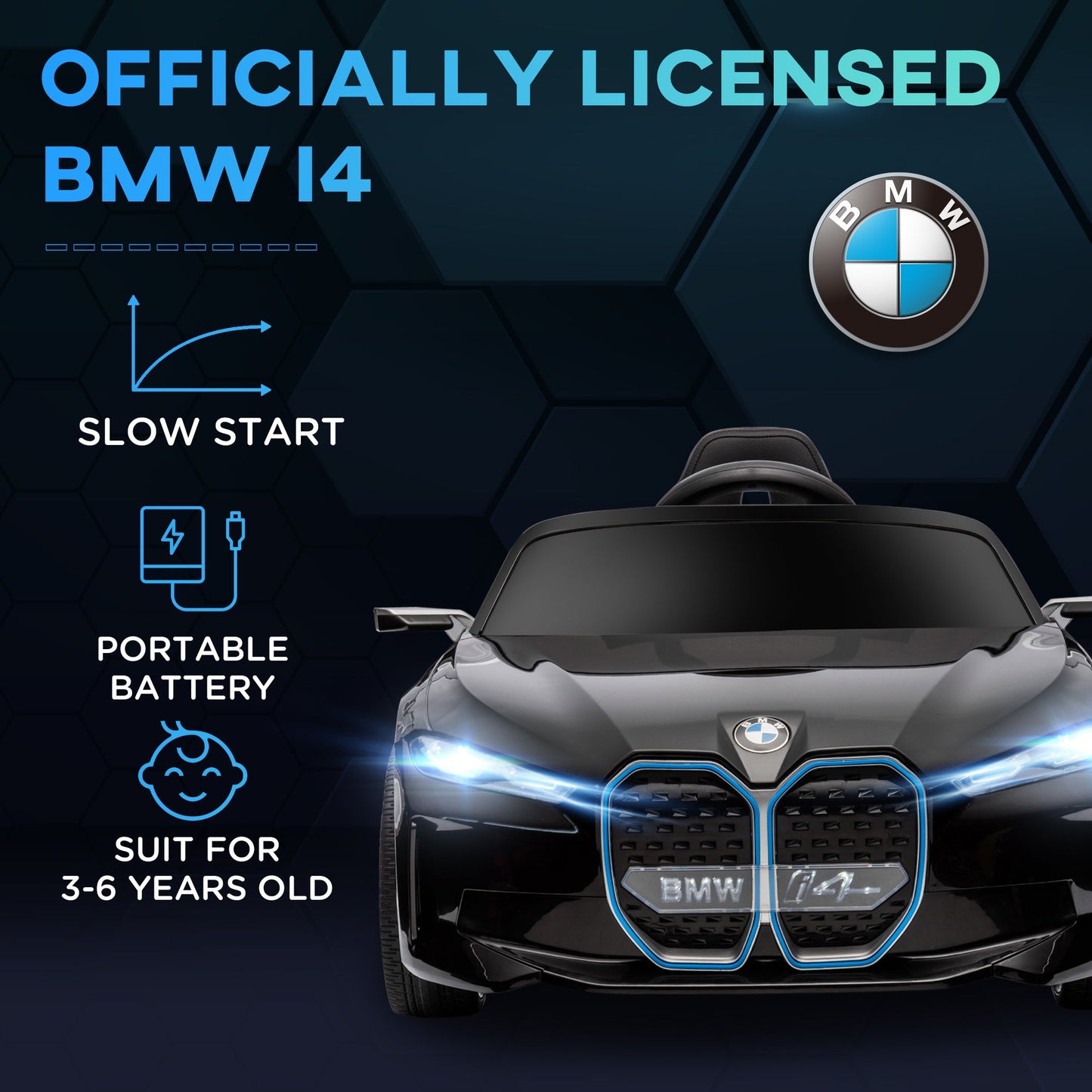 سيارة كهربائية للأطفال من HOMCOM BMW i4 مرخصة بقوة 12 فولت، مع جهاز تحكم عن بعد، وبطارية محمولة، وموسيقى، وبوق، ومصابيح أمامية - باللون الأسود