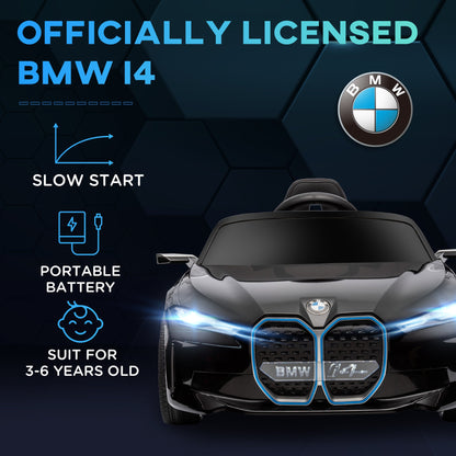 سيارة كهربائية للأطفال من HOMCOM BMW i4 مرخصة بقوة 12 فولت، مع جهاز تحكم عن بعد، وبطارية محمولة، وموسيقى، وبوق، ومصابيح أمامية - باللون الأسود