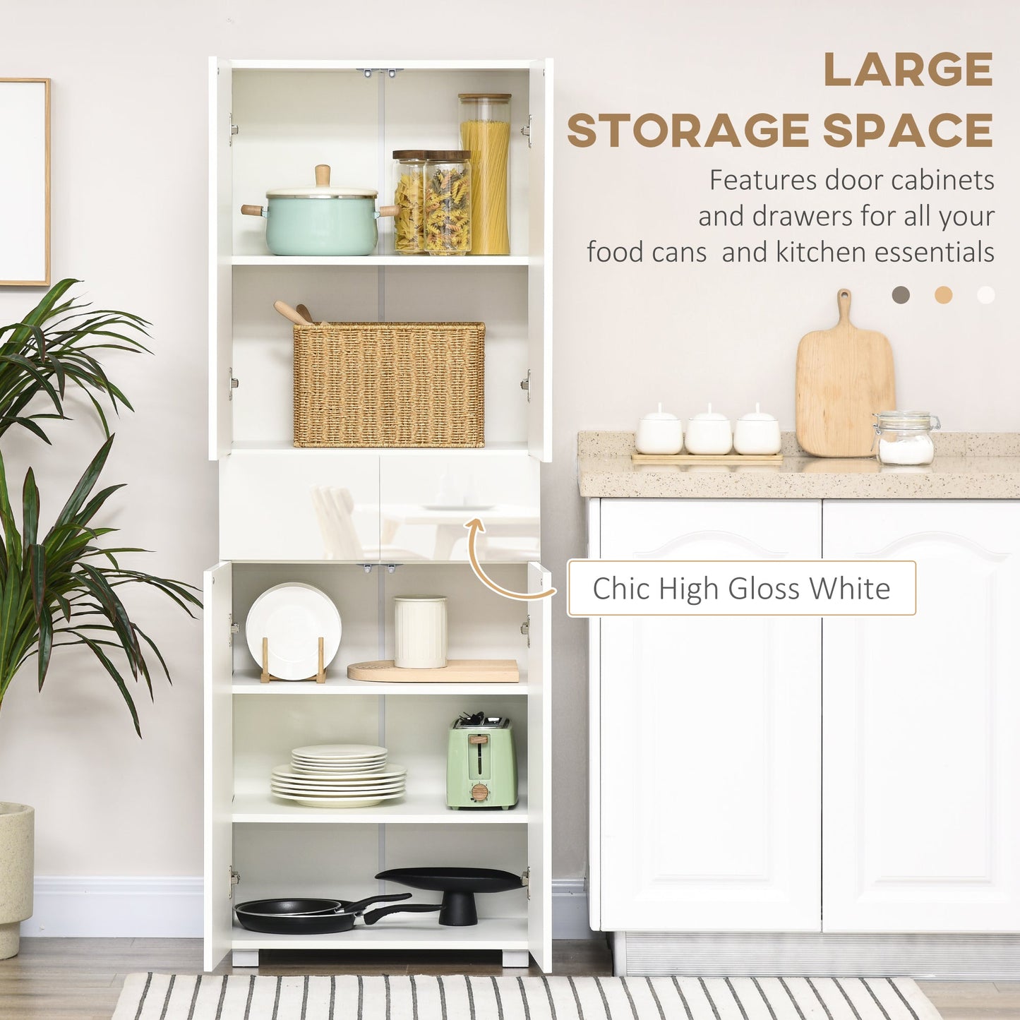 HOMCOM 4-Door Kitchen Cupboard, Tall Freestanding 5-Tier Storage Cabinet with 3 Adjustable Shelves, 2 Drawers for Living Room, Dining Room, Push to Open Design, High Gloss White