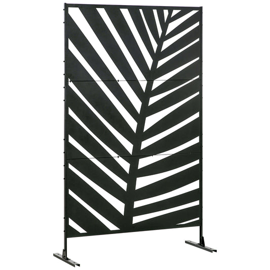 Outsunny Dekoracyjny Ekran Prywatności ze Stojakiem, 6.5FT Wolnostojący Metalowy Zewnętrzny Przegroda, Dekoracyjny Panel Prywatności ze Śrubami Rozprężnymi do Ogrodu Patio Basenu Wanny Z Hydromasażem, Styl Liścia Bananowca, Czarny