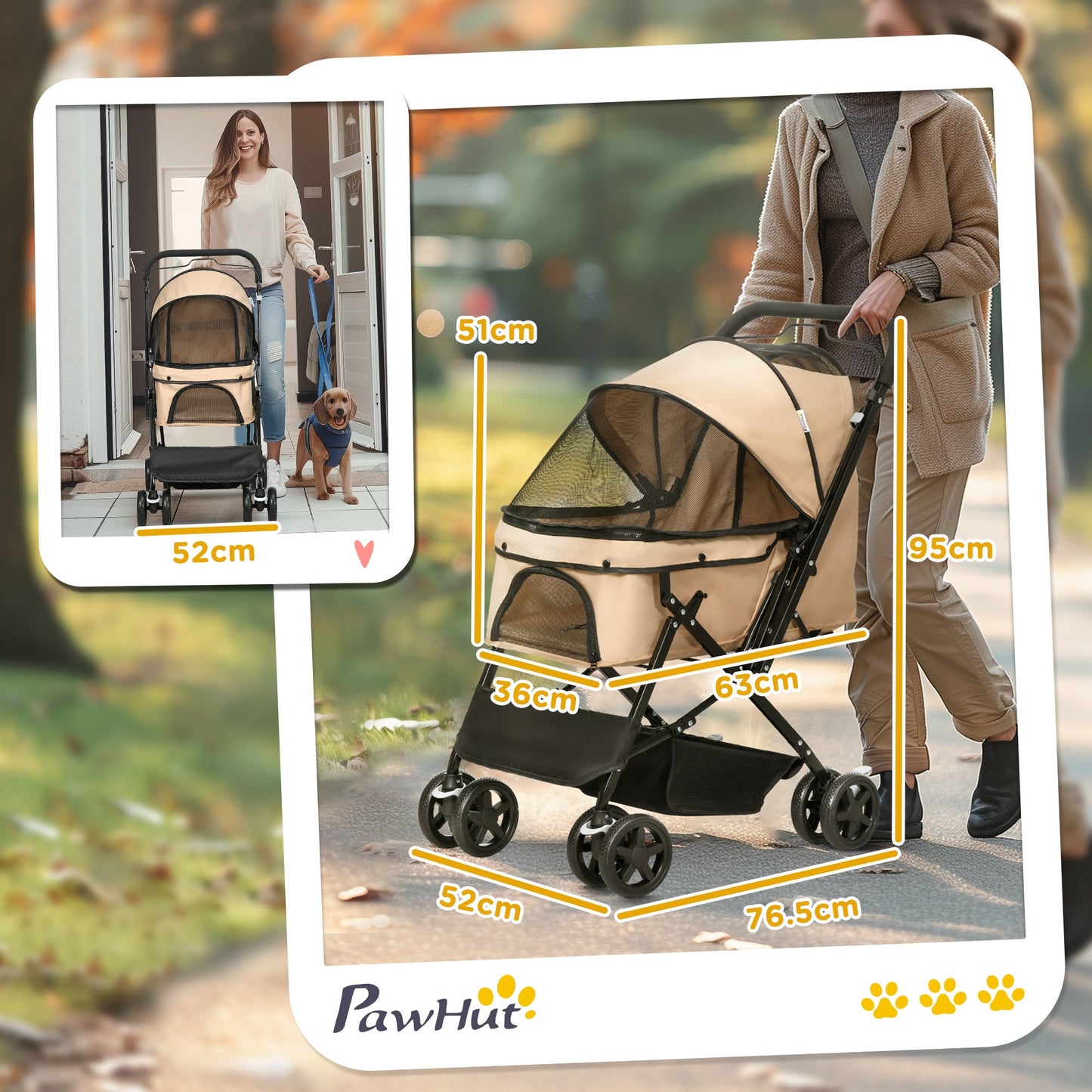 PawHut Pet Stroller Pushchair Foldable Travel Dog Cat Carriage w/ Reversible Handle Brake Basket