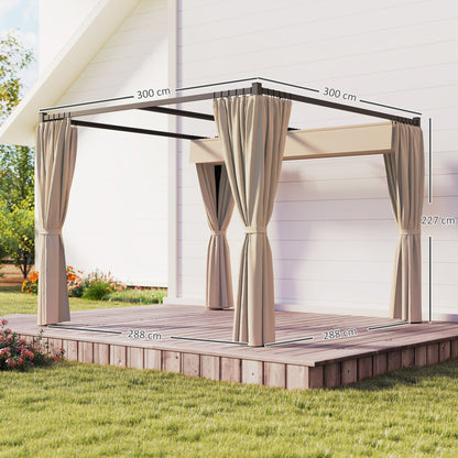 Outsunny 3 x 3m Retractable Roof Pergola, with Curtains - Khaki