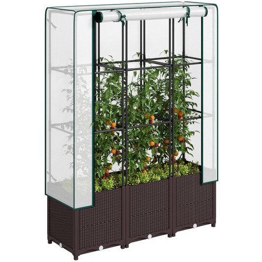 Podwyższona grządka ogrodowa Outsunny z kratownicą, plastikowa skrzynia z otworami drenażowymi i korkami spustowymi do roślin pnących, warzyw i kwiatów, 120 x 40 x 140 cm