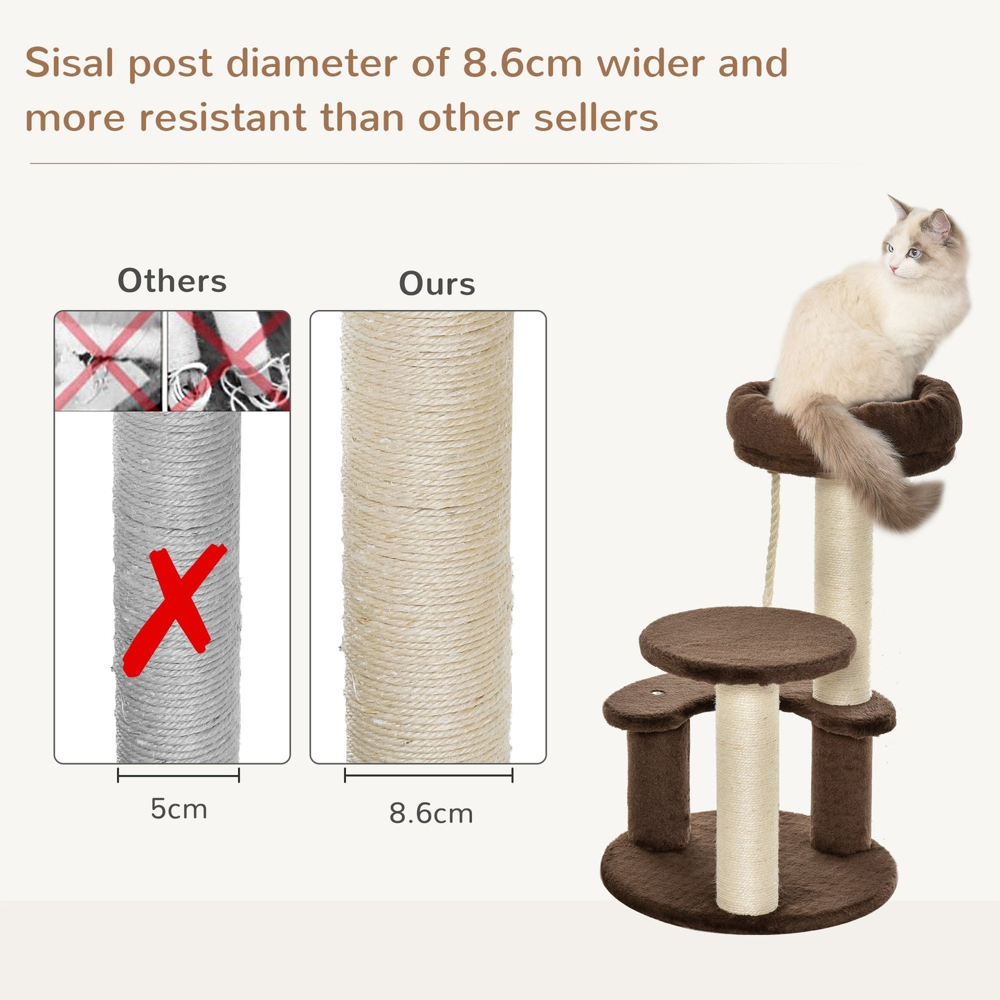 Pawhut 65 cm Cat Tree Cat Scratching Post Kitty Scratcher Kitten Activity Center Scratching Post Playhouse 2 Perch w/Hanging Sisal Rope Brown