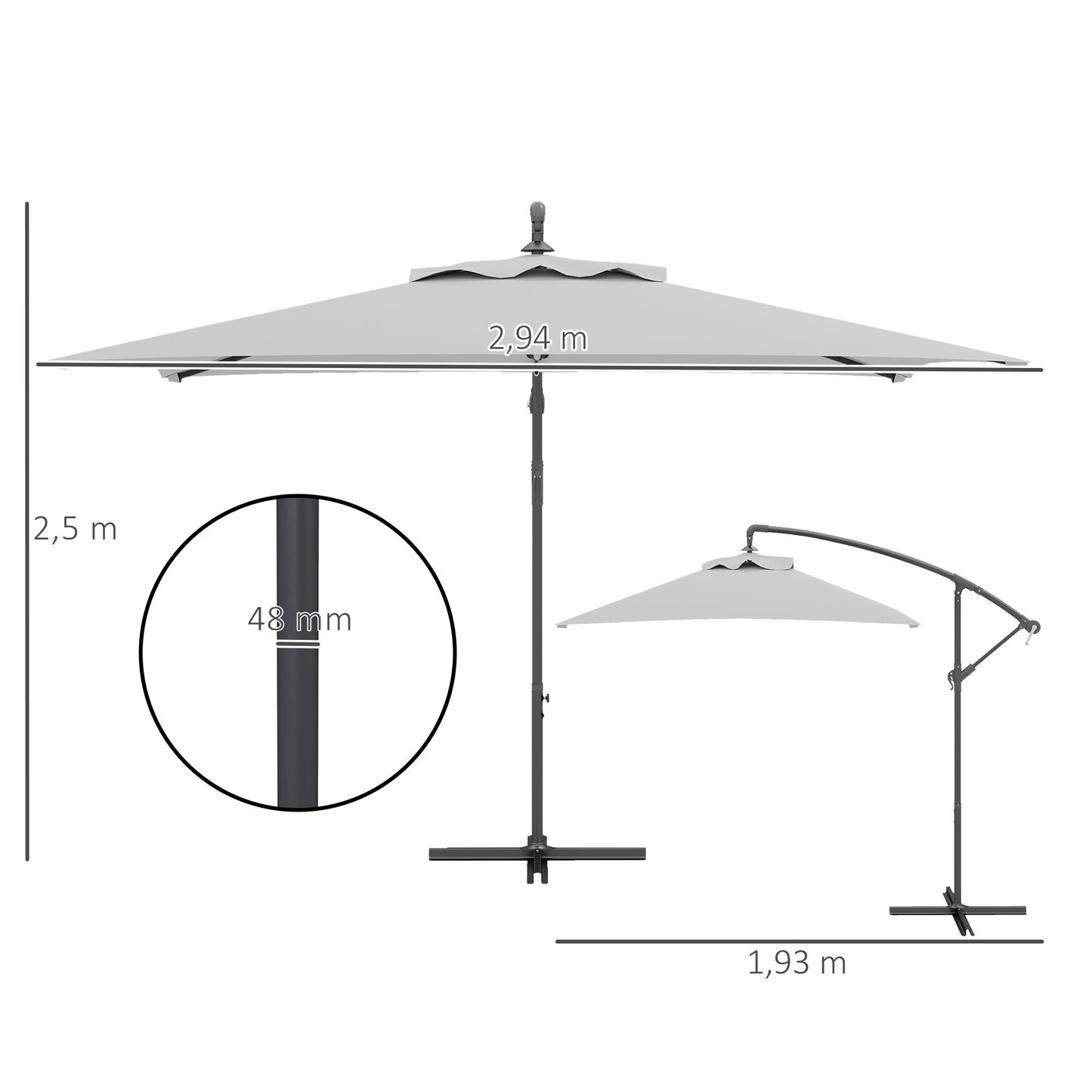 Outsunny 3(m) Parasol wysięgnikowy z podstawą poprzeczną - jasnoszary