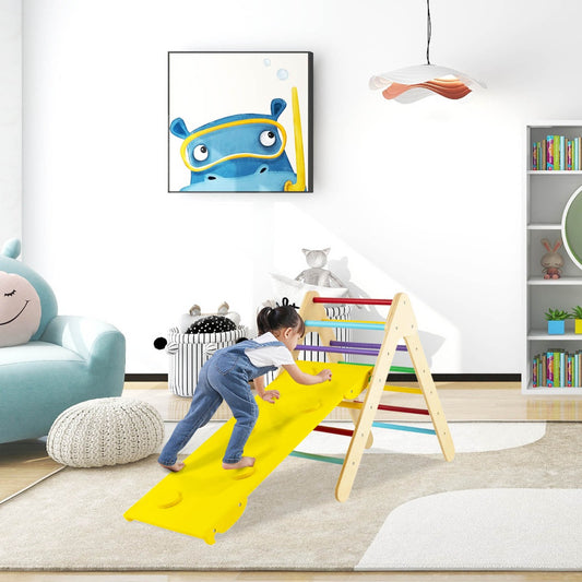 3-in-1 Kid Wooden Climbing Triangle Set Sliding with Reversible Ramp