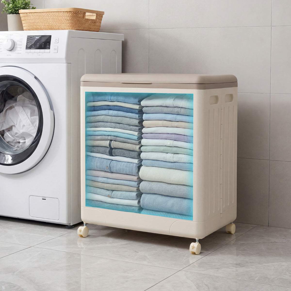 Clothes Storage Box with Lid and Wheels for Bedding Organization-Gray &amp; White