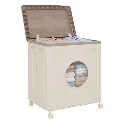 Clothes Storage Box with Lid and Wheels for Bedding Organization-Gray &amp; White