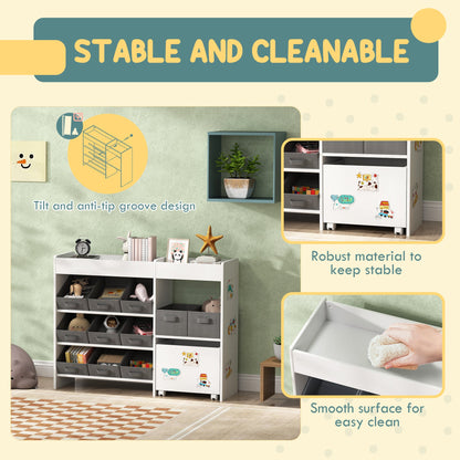 AIYAPLAY Kids Toy Storage Unit with 11 Bins, Cabinet, Top Shelves, 3 Stickers, for Nursery, Playroom, Kindergarten, White