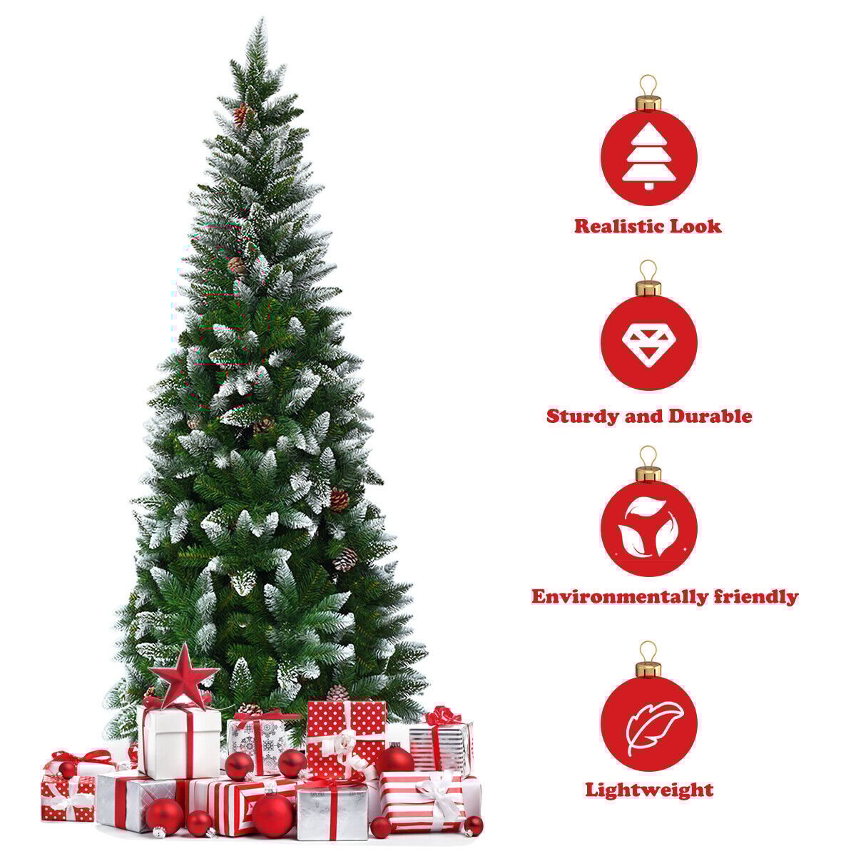 Snow-Flocked Pencil Hinged Artificial Christmas Tree with Pine Cones-5FT
