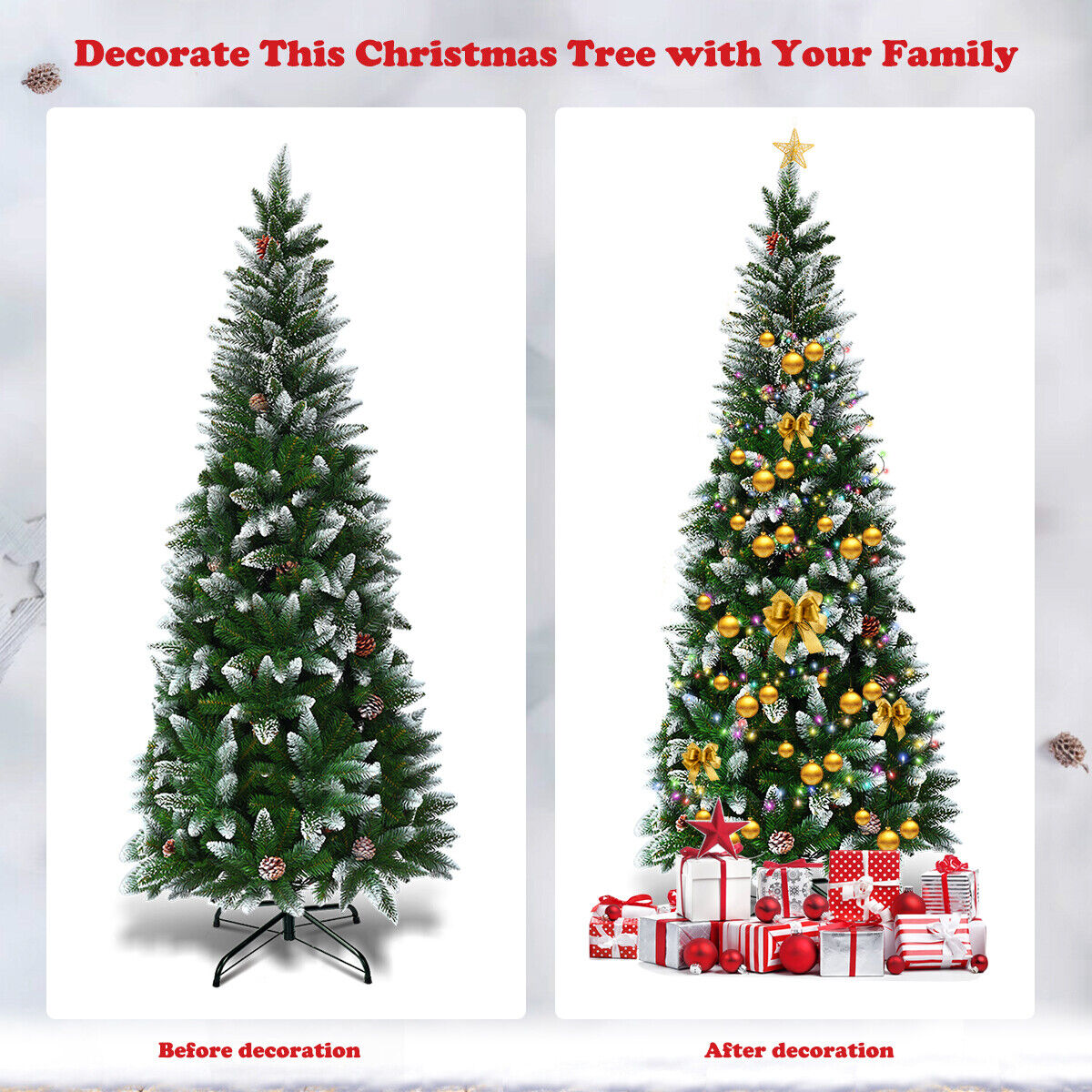 Snow-Flocked Pencil Hinged Artificial Christmas Tree with Pine Cones-5FT
