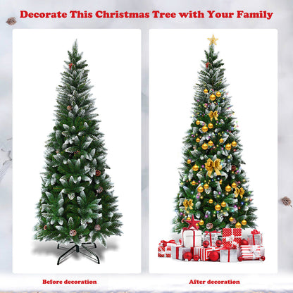 Snow-Flocked Pencil Hinged Artificial Christmas Tree with Pine Cones-5FT