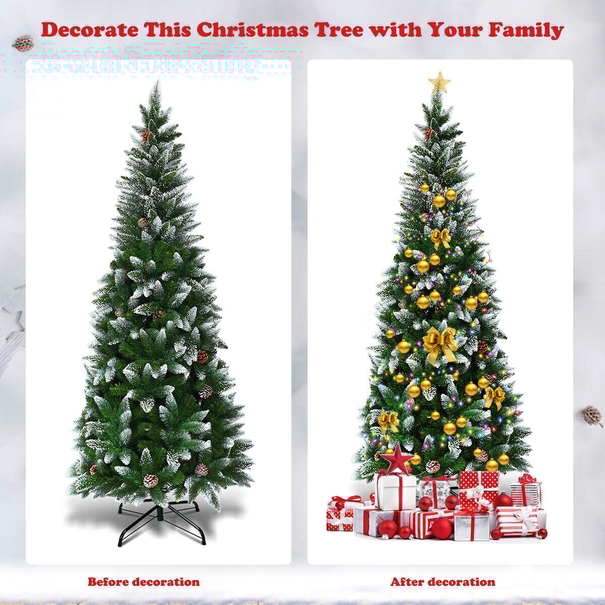 Snow-Flocked Pencil Hinged Artificial Christmas Tree with Pine Cones-5FT
