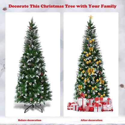 Snow-Flocked Pencil Hinged Artificial Christmas Tree with Pine Cones-5FT