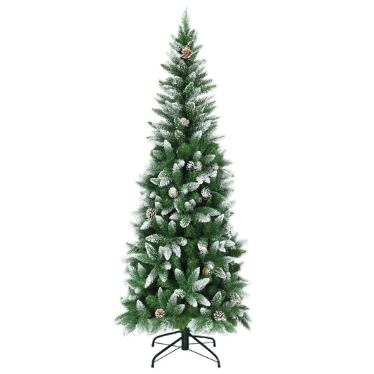 Snow-Flocked Pencil Hinged Artificial Christmas Tree with Pine Cones-6FT