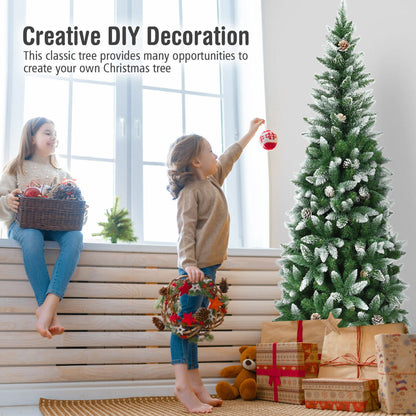 Snow-Flocked Pencil Hinged Artificial Christmas Tree with Pine Cones-6FT