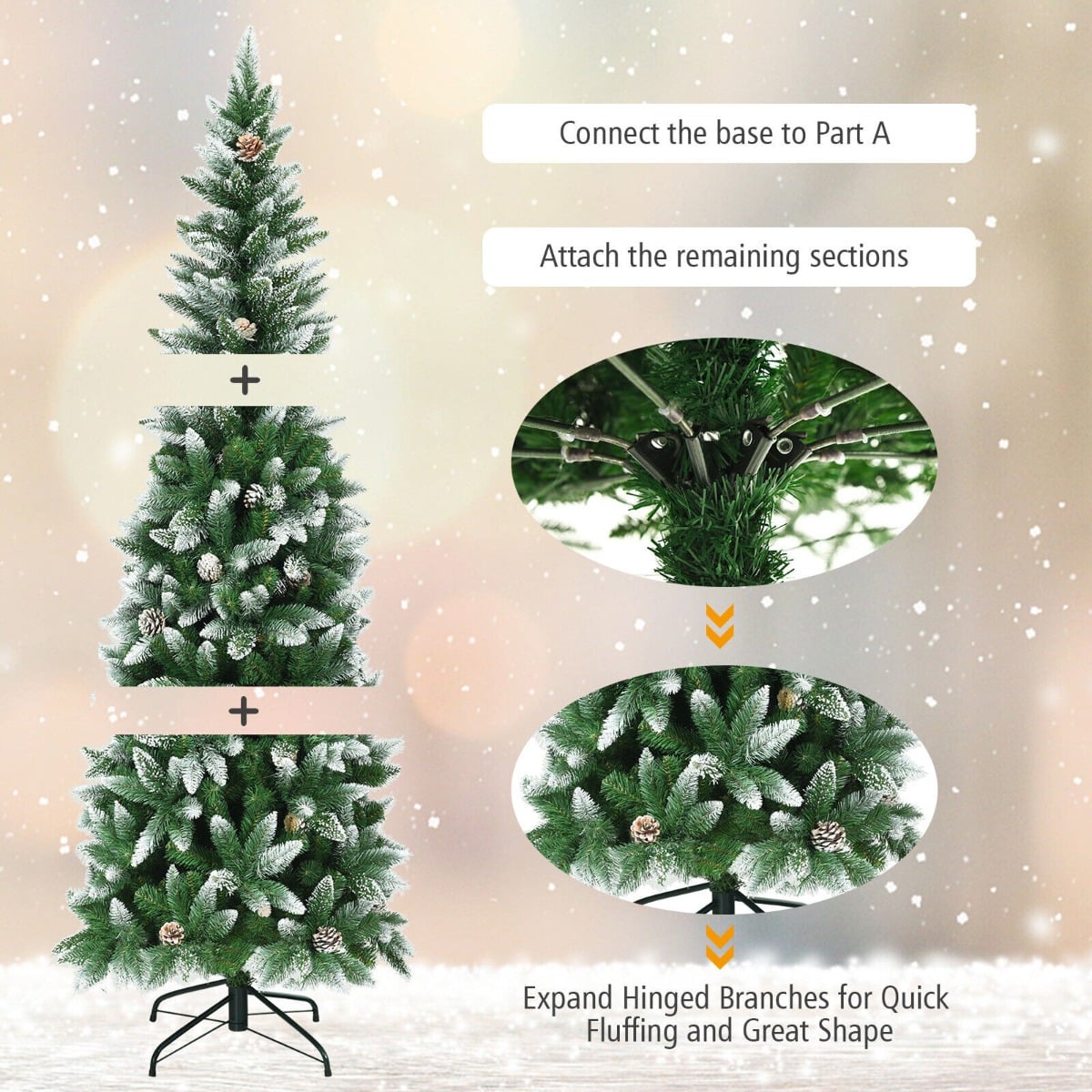Snow-Flocked Pencil Hinged Artificial Christmas Tree with Pine Cones-6FT