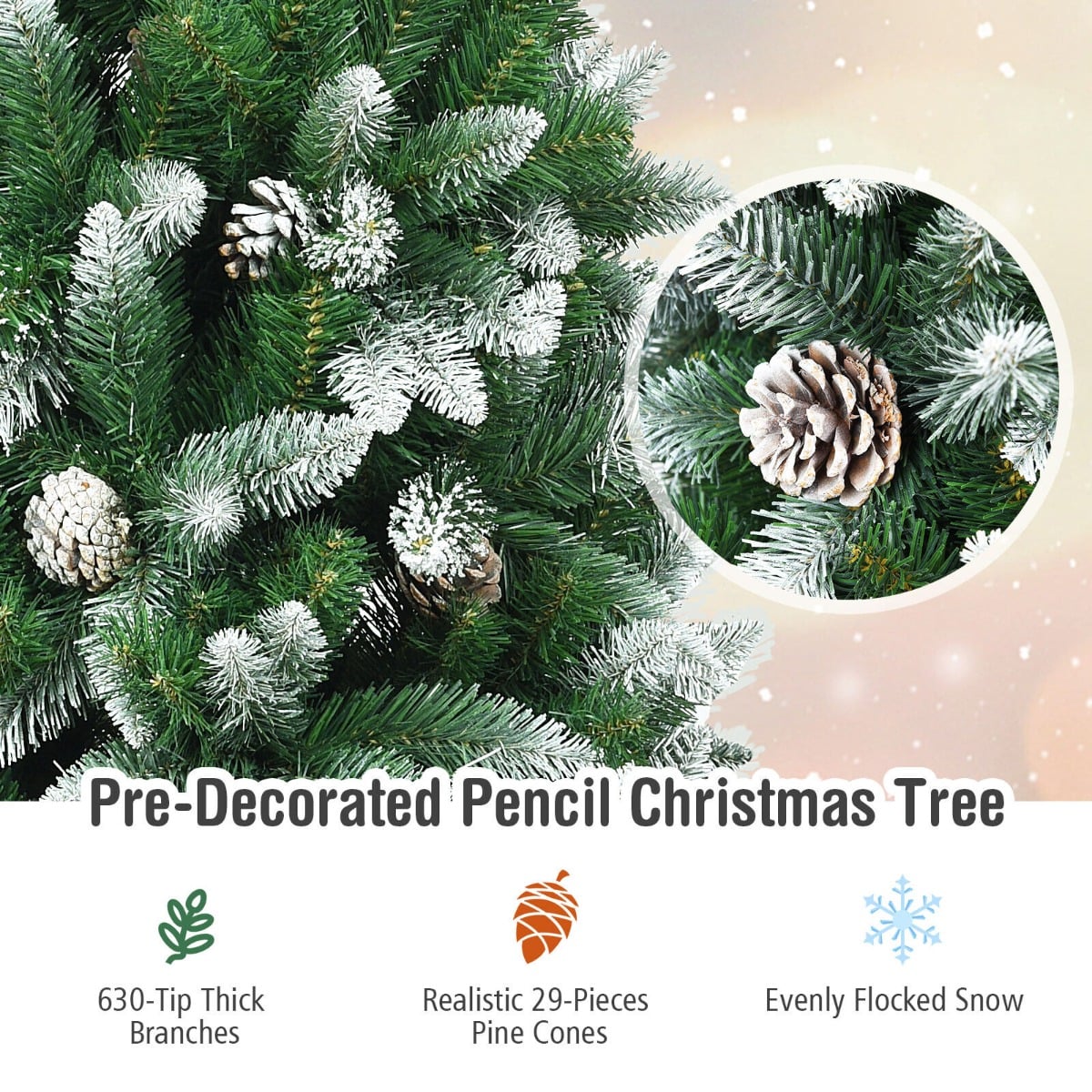 Snow-Flocked Pencil Hinged Artificial Christmas Tree with Pine Cones-6FT
