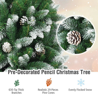 Snow-Flocked Pencil Hinged Artificial Christmas Tree with Pine Cones-6FT