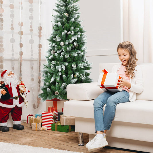 Snow-Flocked Pencil Hinged Artificial Christmas Tree with Pine Cones-6FT