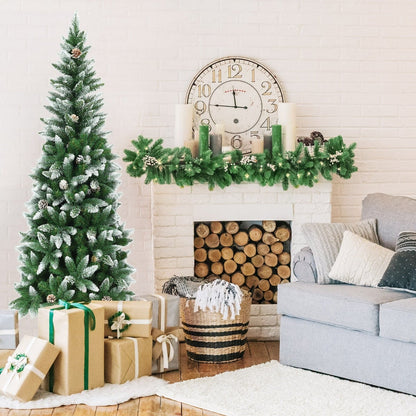 Snow-Flocked Pencil Hinged Artificial Christmas Tree with Pine Cones-6FT