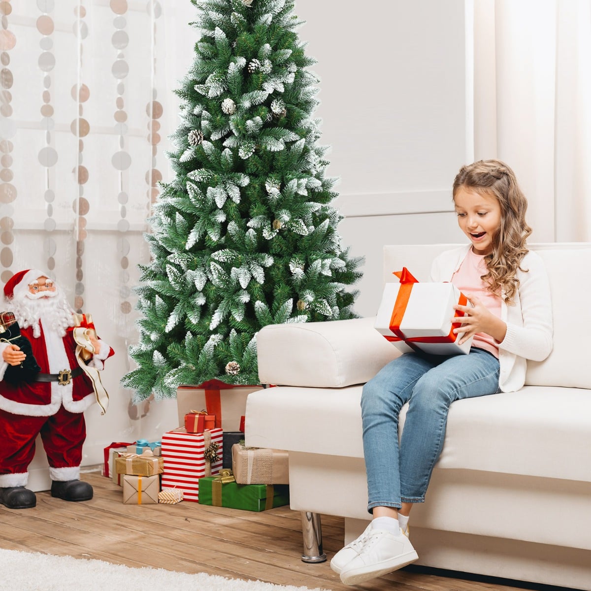 Snow-Flocked Pencil Hinged Artificial Christmas Tree with Pine Cones-7.5 FT