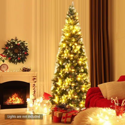Snow-Flocked Pencil Hinged Artificial Christmas Tree with Pine Cones-7.5 FT