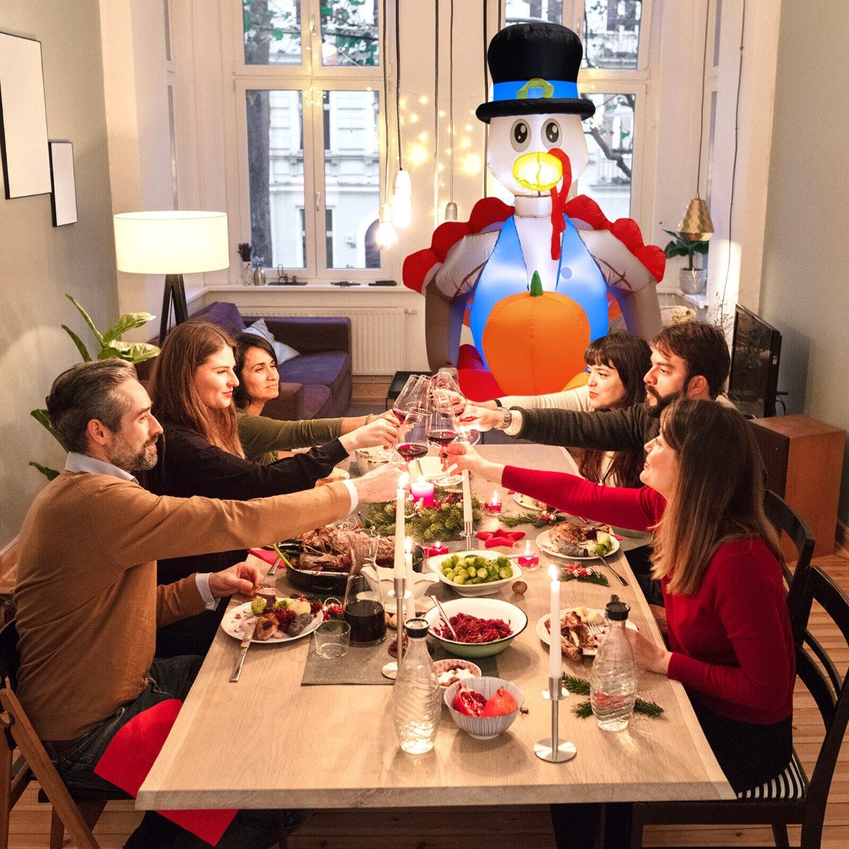 6 Feet Lighted Thanksgiving Inflatable Turkey Pushing Pumpkin Cart