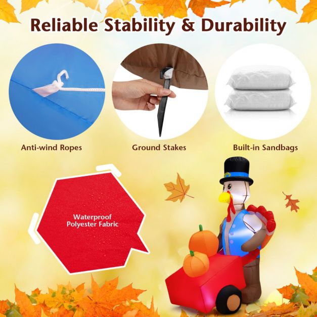 6 Feet Lighted Thanksgiving Inflatable Turkey Pushing Pumpkin Cart