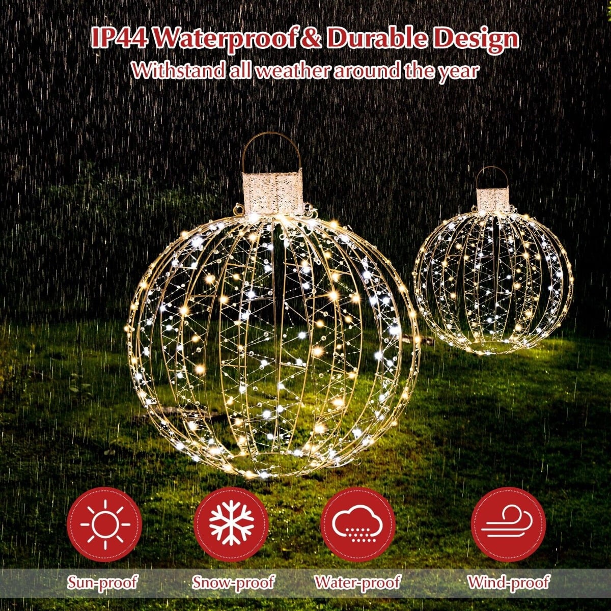 3 Pieces Christmas LED Ball Lights with 30 Cable Ties for Tree Lawn Garden-Golden