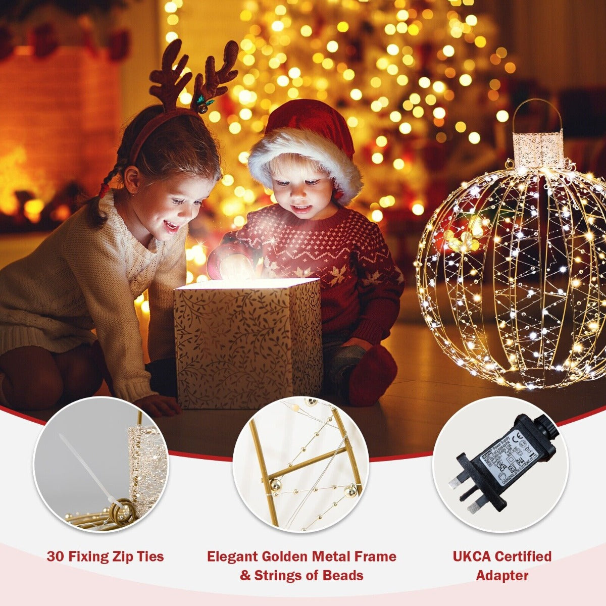 3 Pieces Christmas LED Ball Lights with 30 Cable Ties for Tree Lawn Garden-Golden