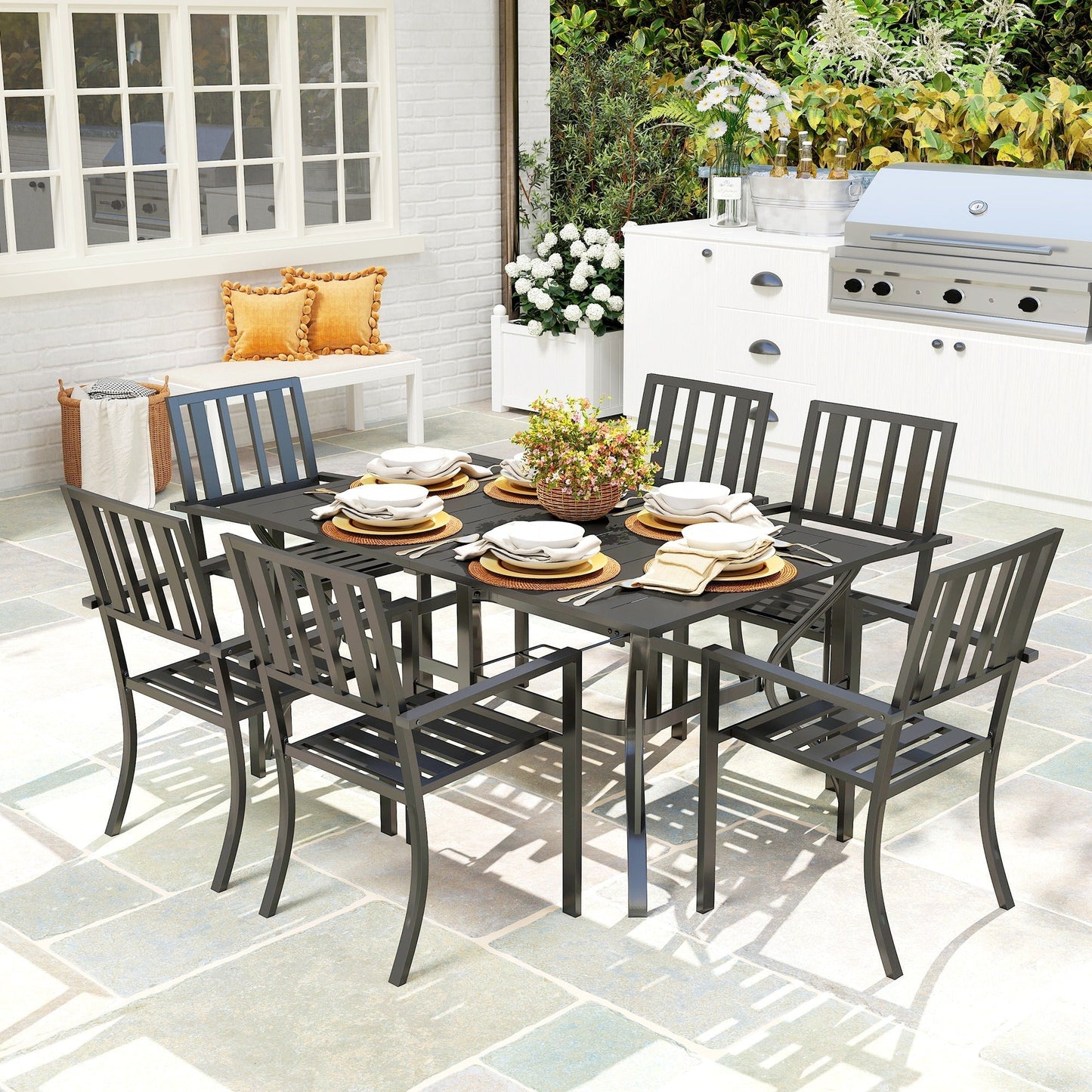 Outsunny 7 Pieces Garden Table and Chairs 6 Seater Outdoor Table and Chairs with Umbrella Hole, for Poolside, Garden, Black