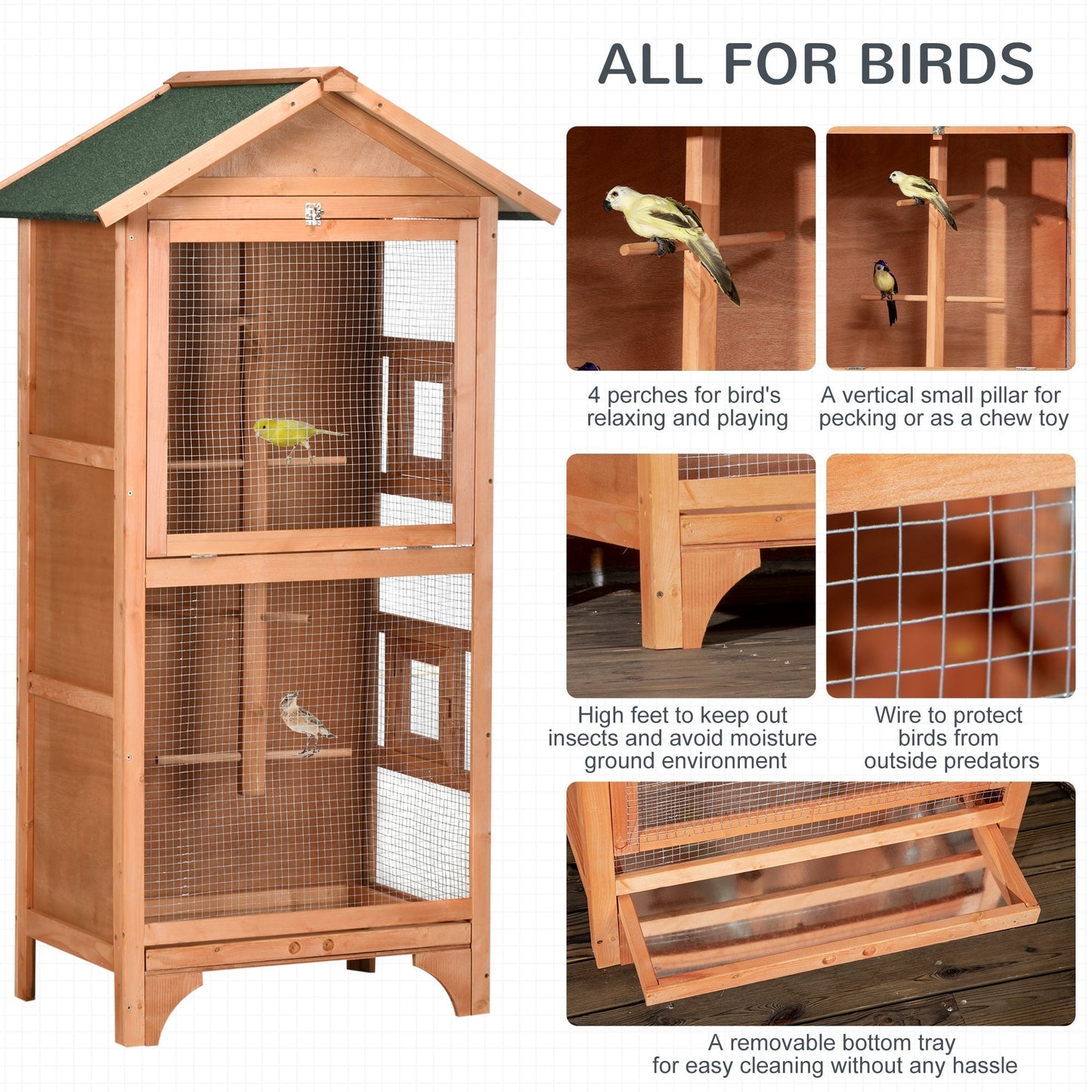 PawHut Wooden Outdoor Bird Cage, for Finches and Canaries, with Removable Tray, Asphalt Roof