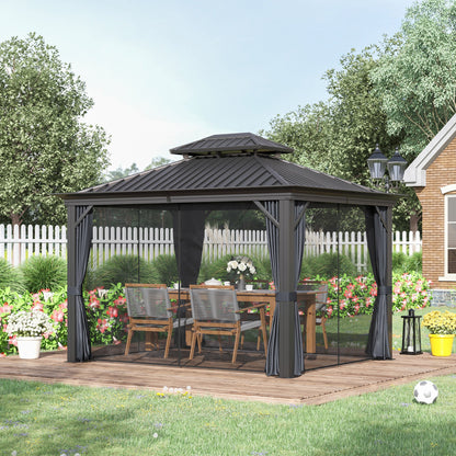 Outsunny 3 x 3.7m Outdoor Hardtop Gazebo Canopy Aluminium Frame with 2-Tier Roof & Mesh Netting Sidewalls for Patio, Grey