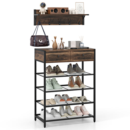 Coat Rack Shoe Stand Set with Wall-Mounted Coat Rack and Drawers-Brown