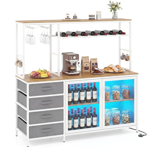 Coffee Bar Cabinet with LED Lights Charging Station in Natural