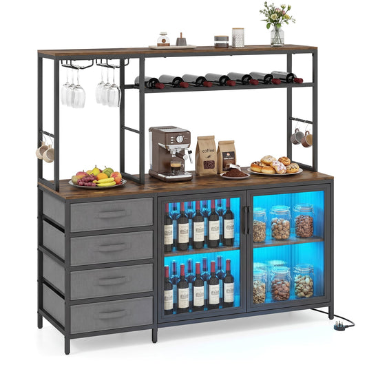 Coffee Bar Cabinet with LED Lights Charging Station in Rustic Brown