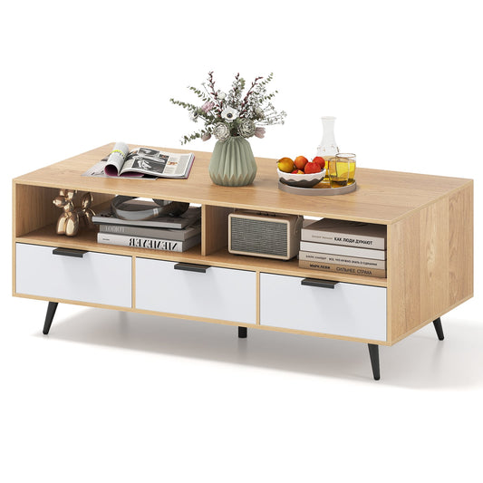 Coffee Table with Storage 47 Inch Center Table with 2 Open Compartments-Natural