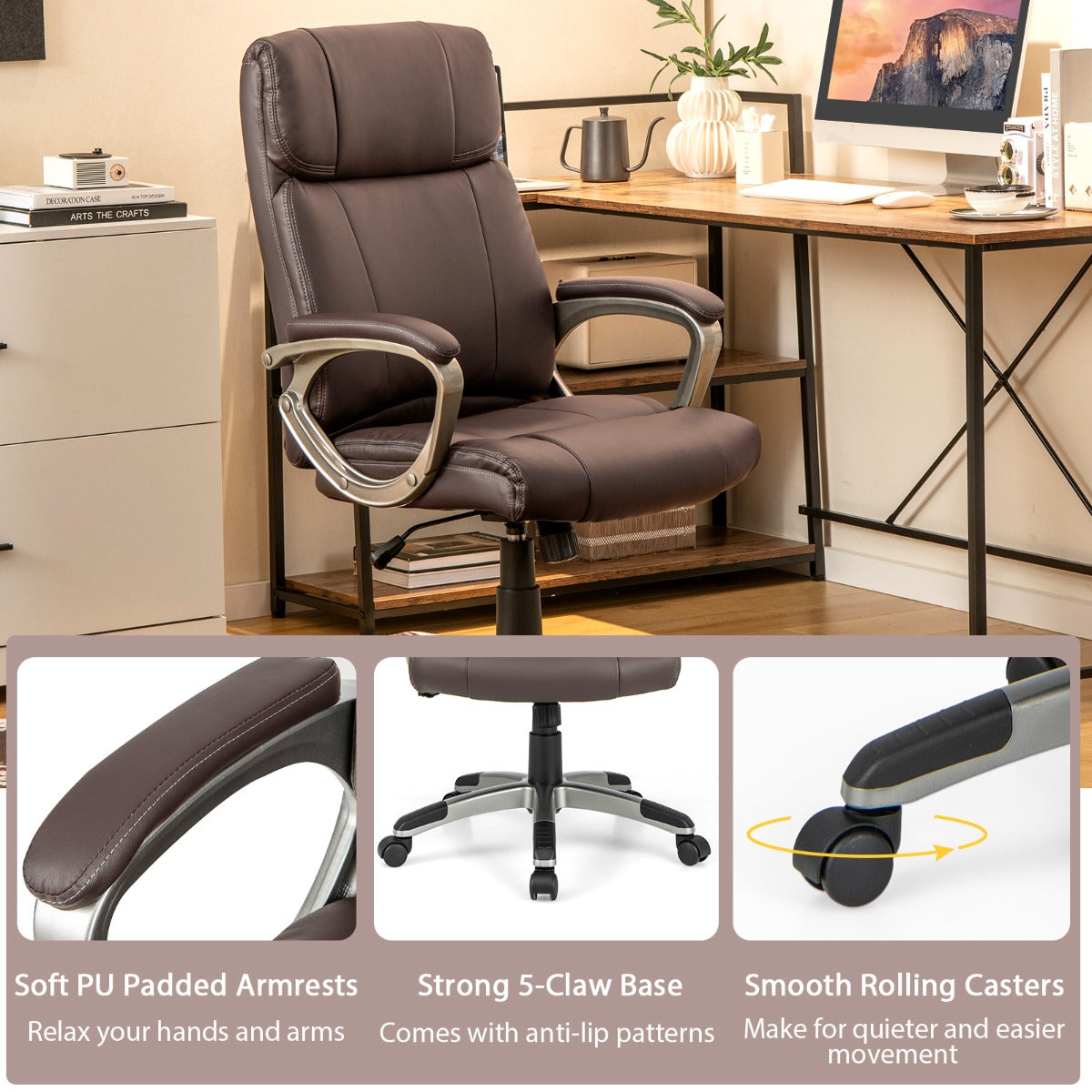 Swivel Ergonomic Office Chair Computer Desk Chair with Wheels-Brown